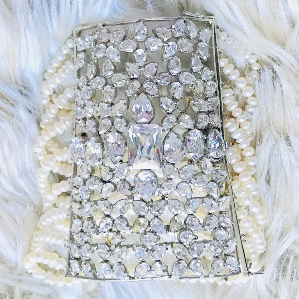 Sparkling Faux Crystal Pearl Bridal Bracelet Cuff